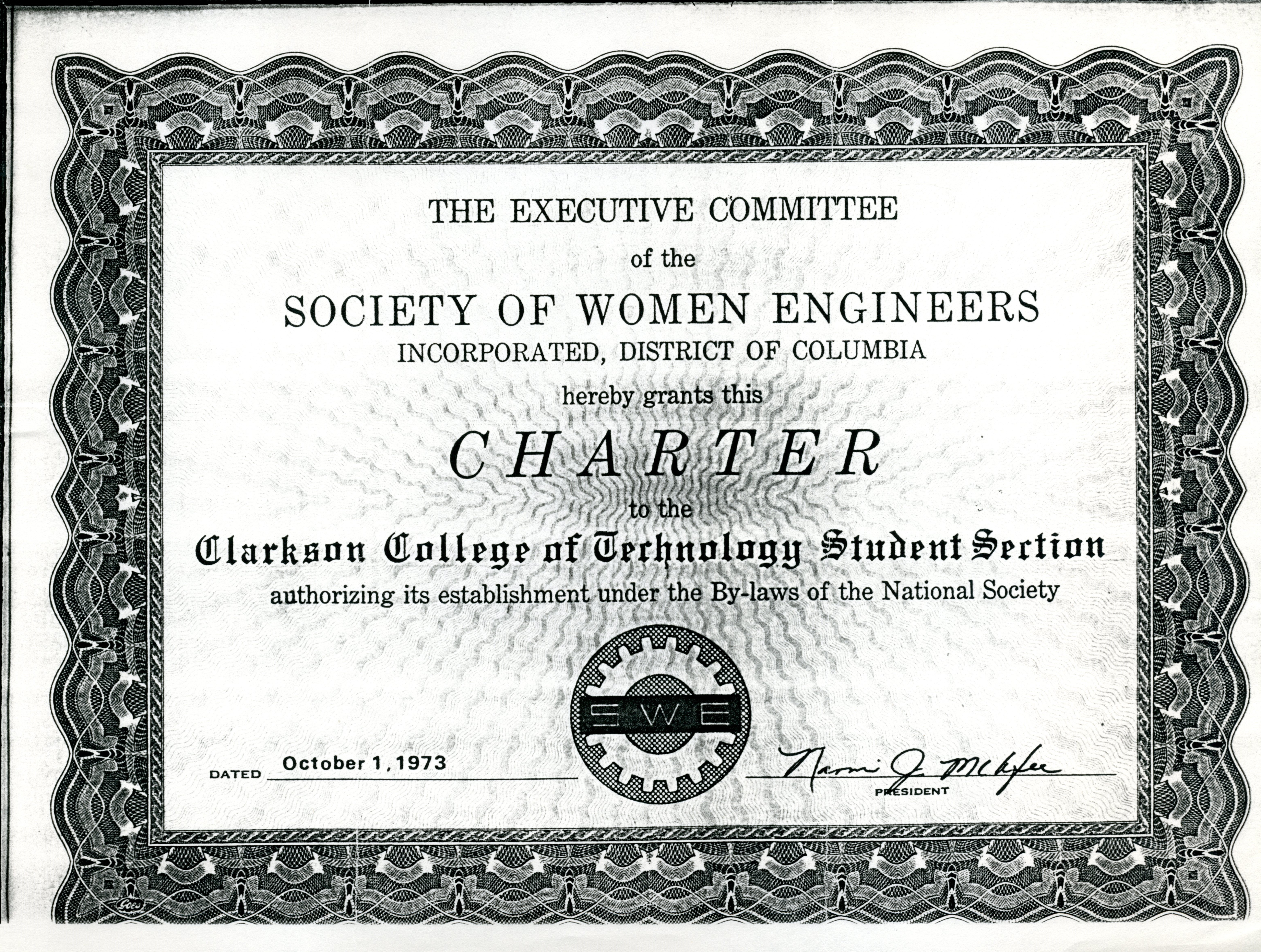 Charter for Society of Women Engineers (SWE), Clarkson chapter, 1973